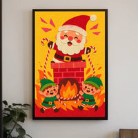 This whimsical poster depicts a festive Christmas scene with Santa Claus and two Travel Poster