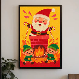 This whimsical poster depicts a festive Christmas scene with Santa Claus and two Travel Poster