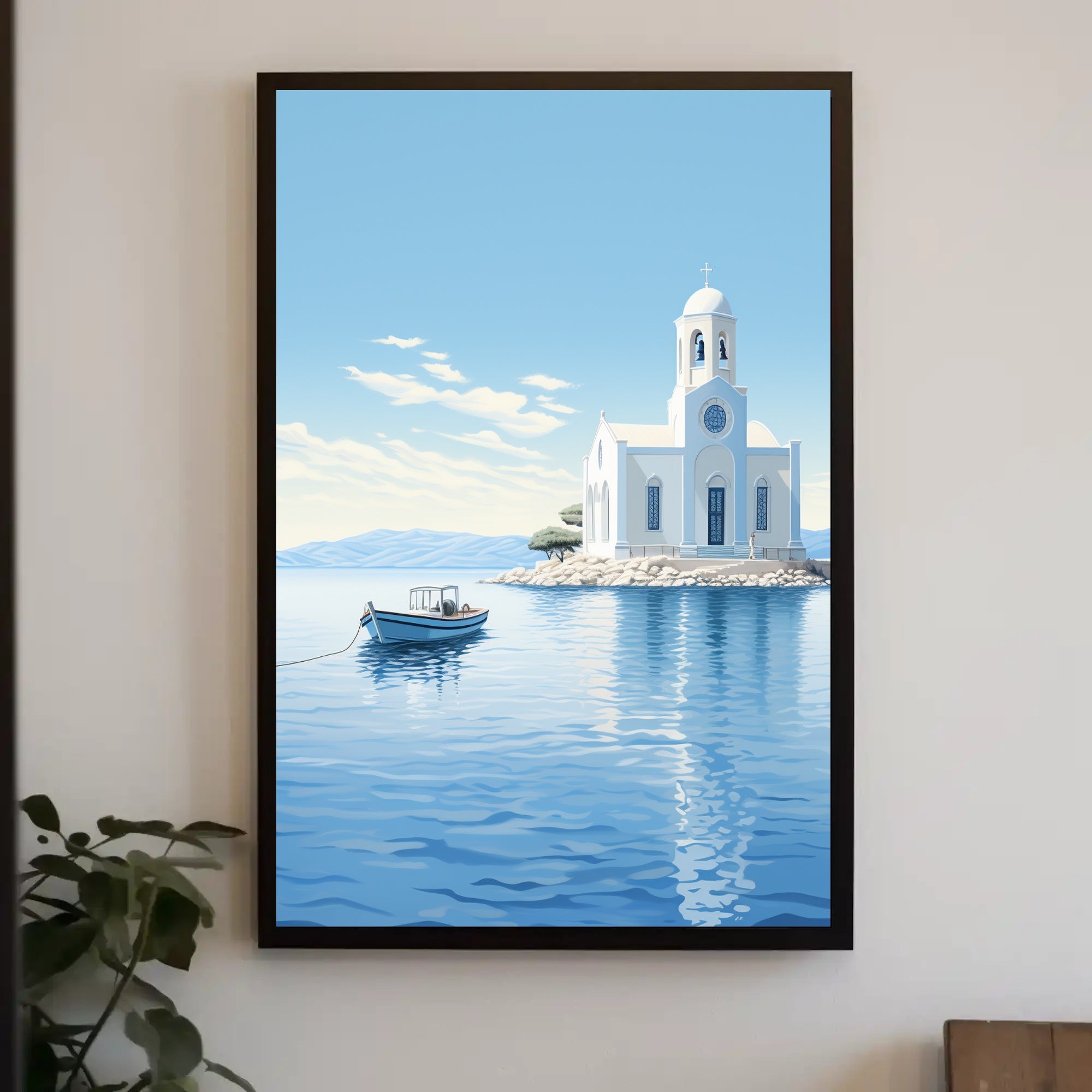 Serene Greek Coastal Scene Minimalist Travel Poster