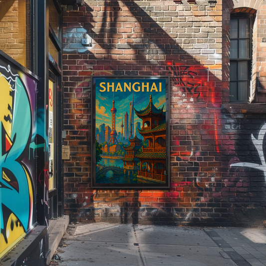Shanghai Skyline River Pagoda Travel Poster