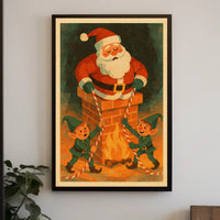 Whimsical Vintage Christmas Poster with Santa and Elves