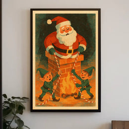 Whimsical Vintage Christmas Poster with Santa and Elves