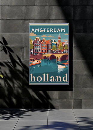 Amsterdam Holland Autumn Canal Houses Vintage Travel Poster