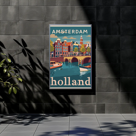 Amsterdam Holland Autumn Canal Houses Vintage Travel Poster