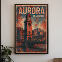 Aurora Illinois Cityscape Vintage Art Deco Skyline Heritage Wall Art Timeless Midwest Travelers Urban Vistas Poster