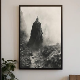 Mysterious Cloaked Figure in Foggy Terrain Fantasy Poster PosterGoat