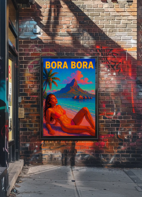 Bora Bora Beach Model Paradise Sunset Pink Travel Poster