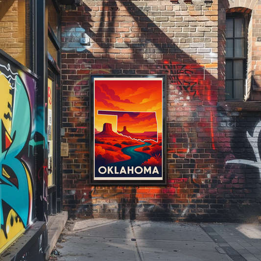 Oklahoma Red Desert State Outline Sunset Colors Travel Poster