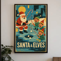 Santa's Whimsical Ice Fishing Vintage Christmas Poster