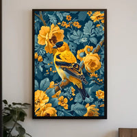 Golden Songbird Wall Art Amidst Blossoms