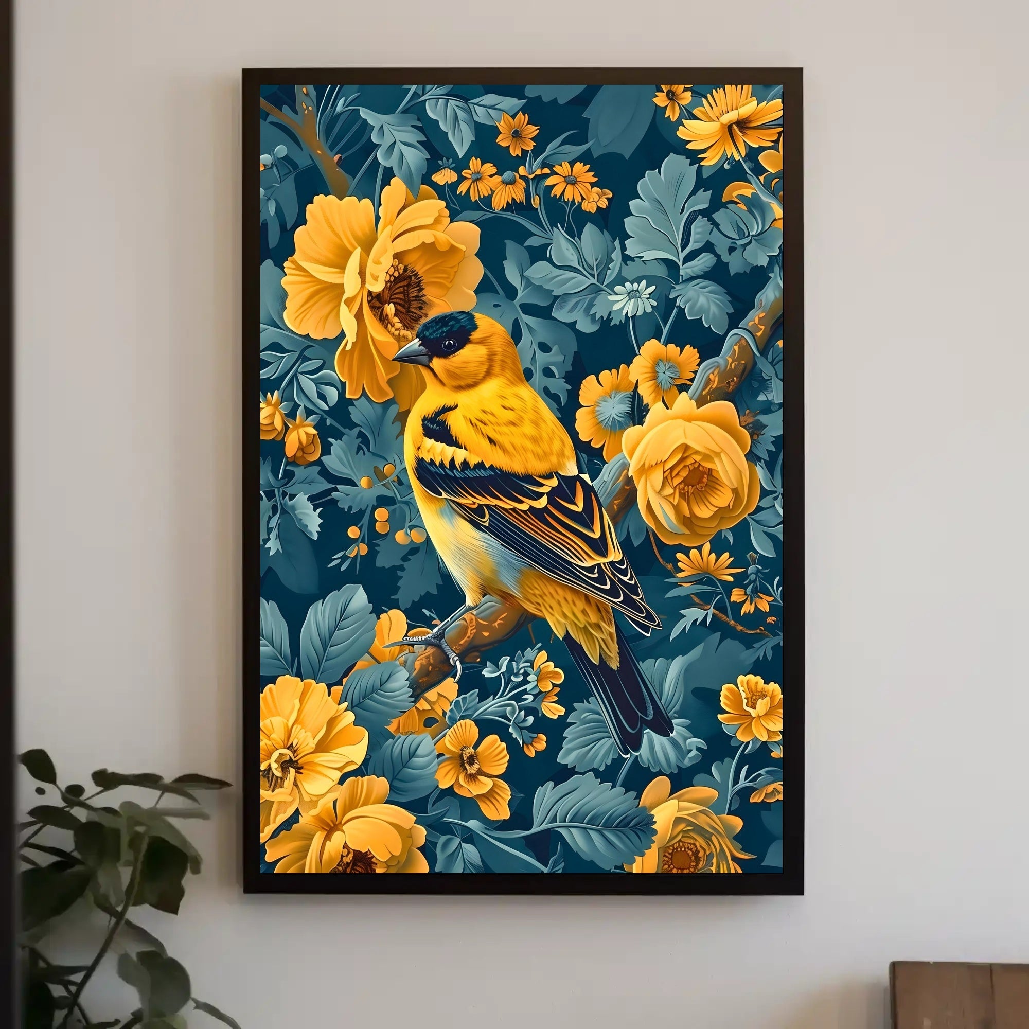 Golden Songbird Wall Art Amidst Blossoms