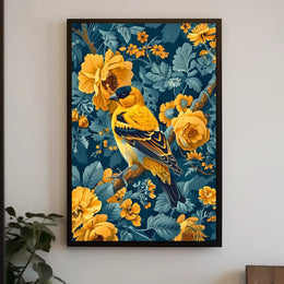 Golden Songbird Wall Art Amidst Blossoms
