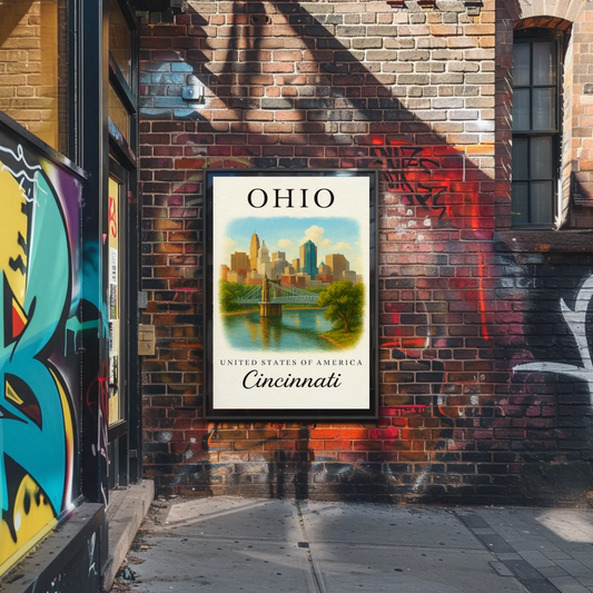 Cincinnati Ohio Skyline Roebling Suspension Bridge Travel Poster