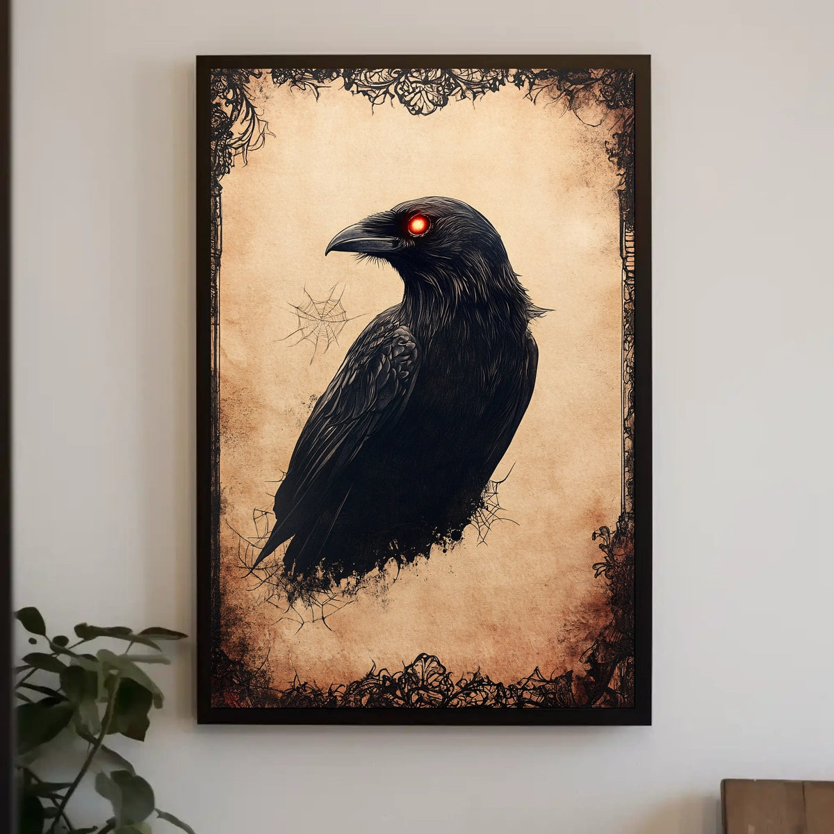 Gothic Raven Illustration with Dark Floral Design Animal Poster