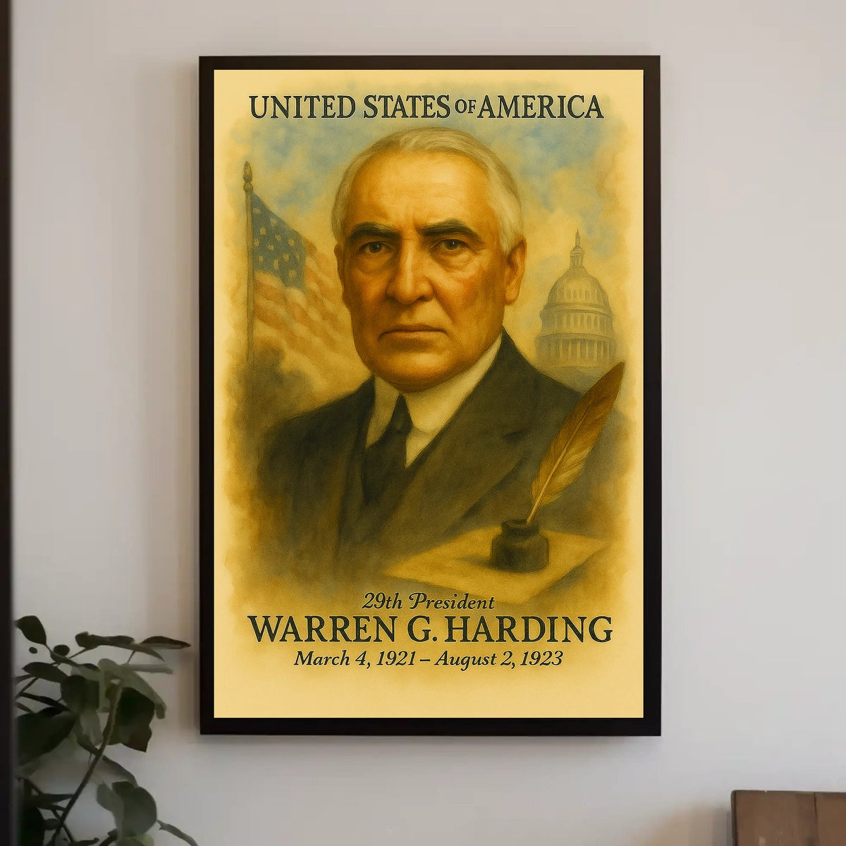 Warren G. Harding 29th President of the United States Vintage Watercolor Poster