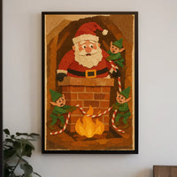 Playful Santa Chimney Scene with Elves Christmas Poster