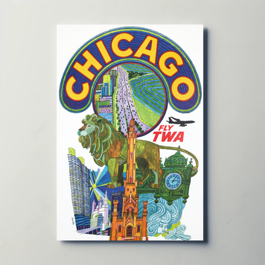 Fly TWA to Chicago! Vintage Style 1960s Travel Poster