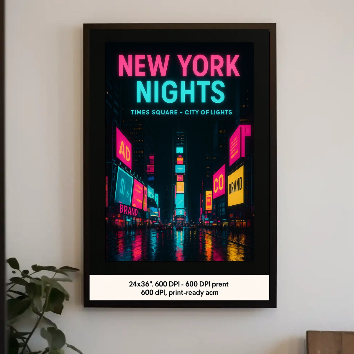 Vibrant Neon Nightscape in Times Square Urban Cityscape Poster