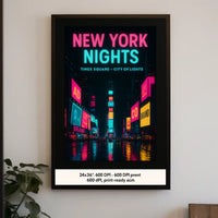Vibrant Neon Nightscape in Times Square Urban Cityscape Poster