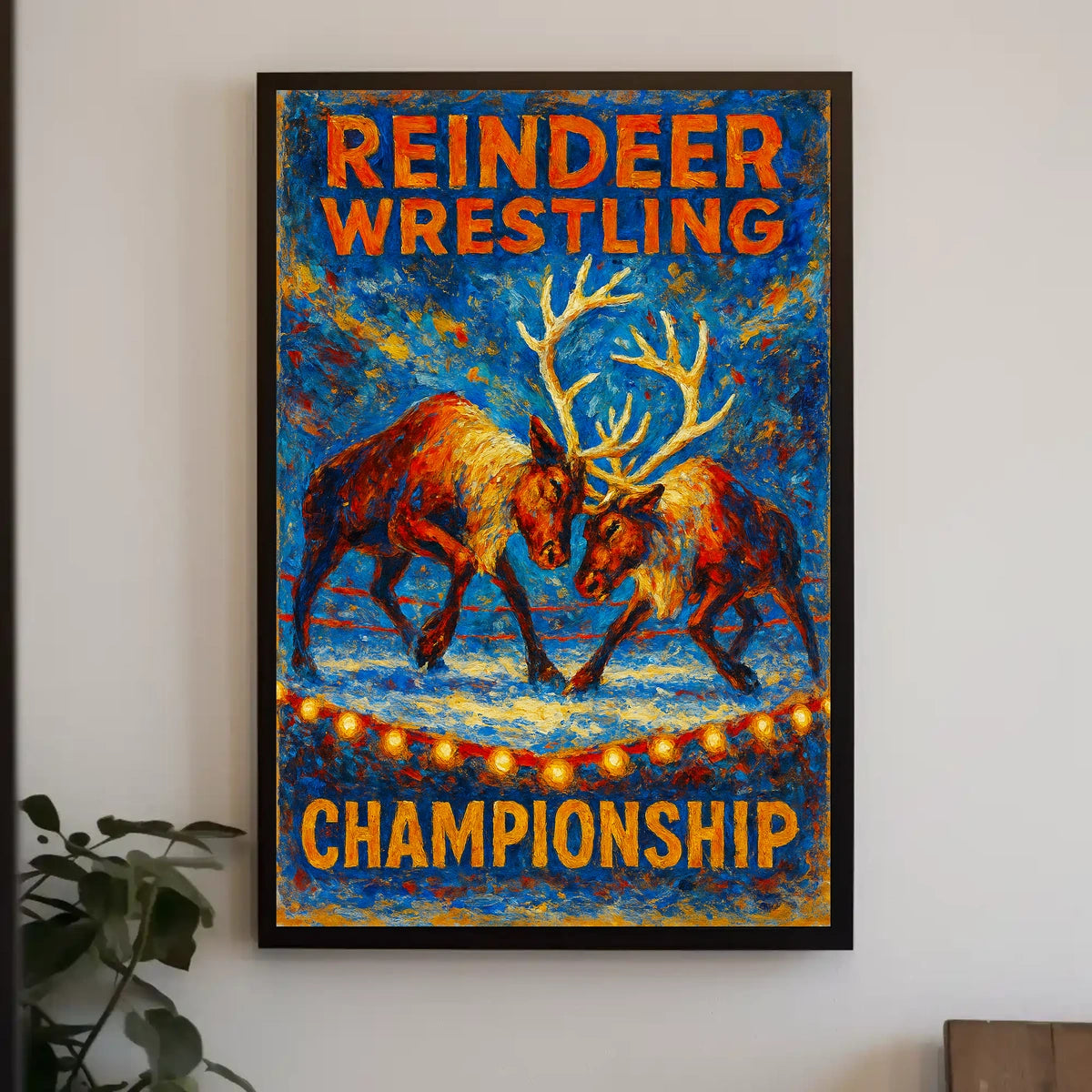 Reindeer Wrestling Championship Artistic Poster: Bold & Whimsical