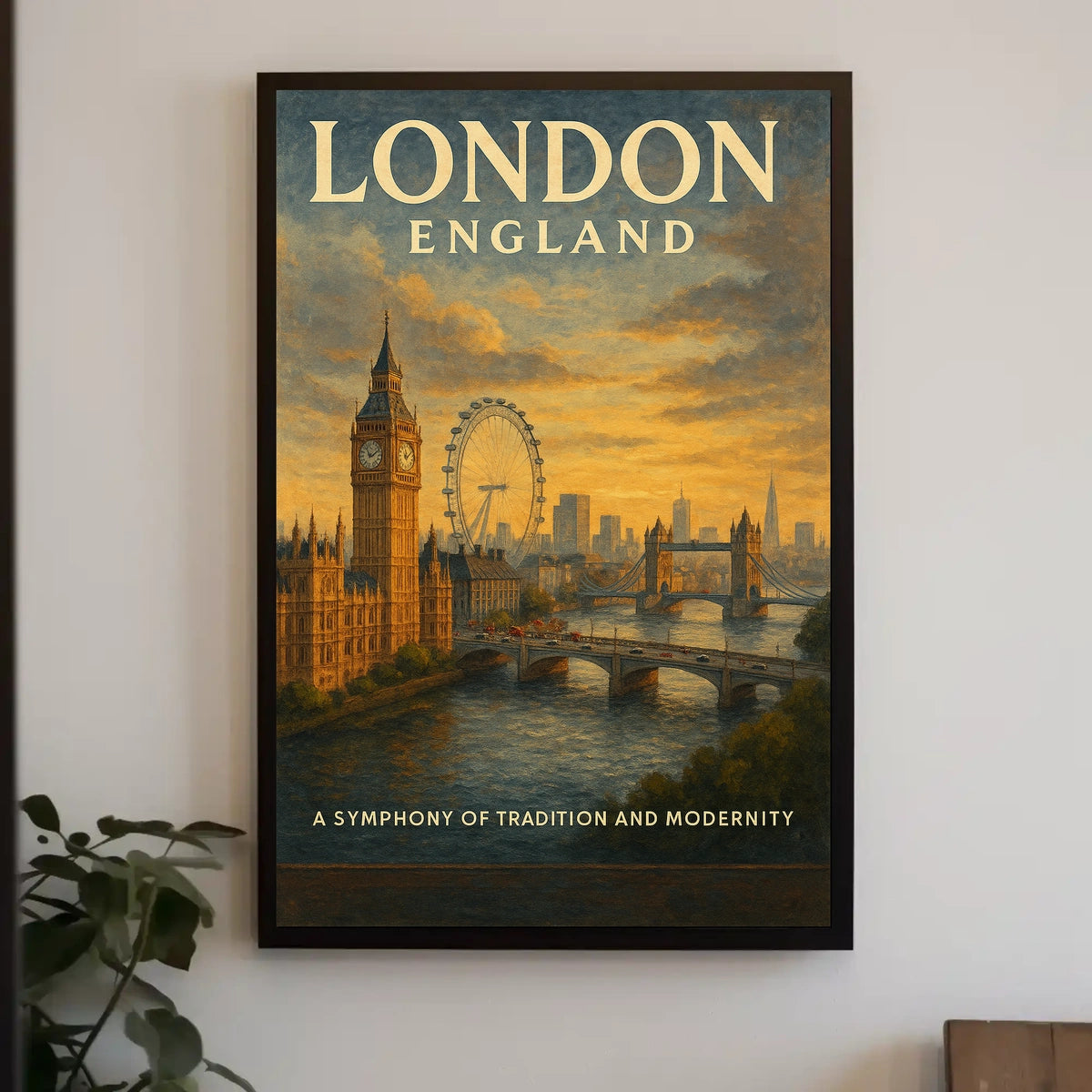 London Landmarks Vintage Poster: Big Ben, Eye, Bridge