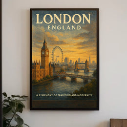 London Landmarks Vintage Poster: Big Ben, Eye, Bridge