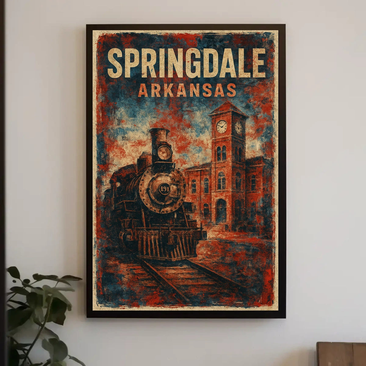 Vintage Locomotive Nostalgic Railroad Art Steampunk Retro Inspired Clock Tower Illustration Rail Enthusiasts Poster