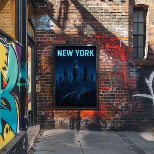 New York Night Skyline Futuristic Glow Blue Travel Poster
