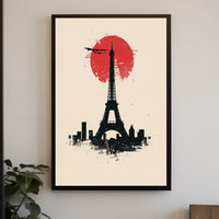 The poster features a stylized depiction of the Eiffel Tower in silhouette against Travel Poster
