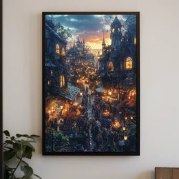 Whimsical Fantasy Market Scene Sunset Fantasy Poster PosterGoat