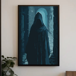 Mysterious Cloaked Figure in Gothic Stone Corridor PosterGoat