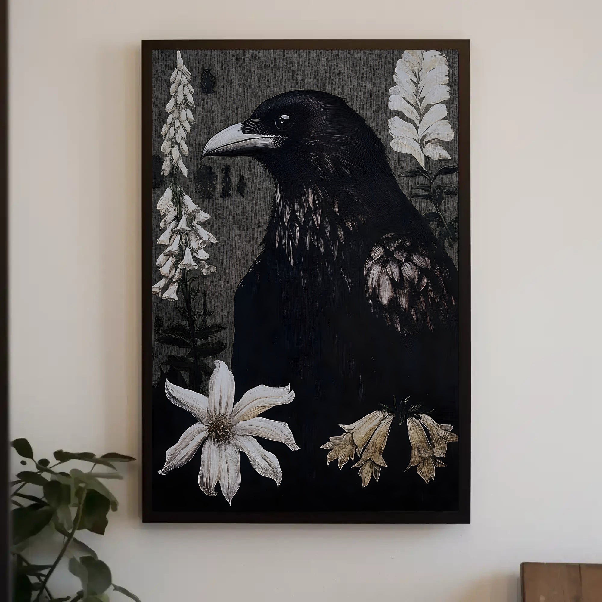 Raven Surrounded by Flowers Animal Poster PosterGoat