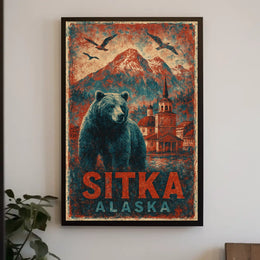 Sitka Alaska Travel Vintage Bear Foreground Snowcapped Mountains Church Heritage Art Deco Retro Eighties Poster