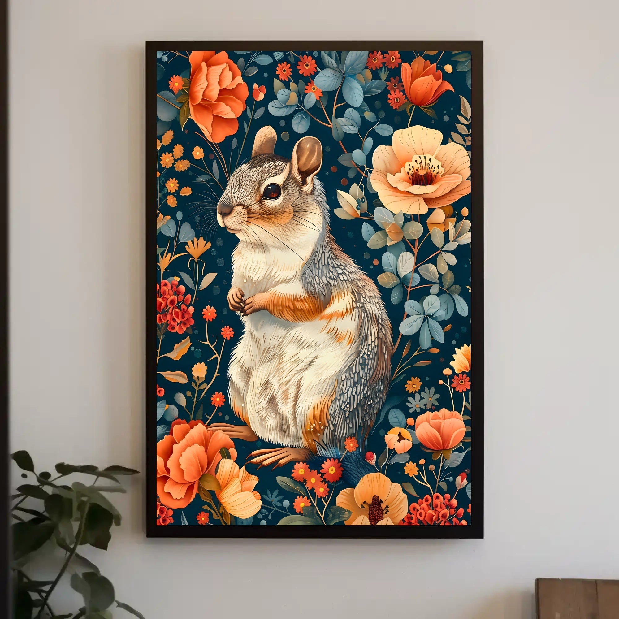 Whimsical Squirrel and Flowers Vibrant Animal Poster