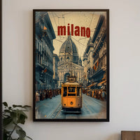 Vintage Tram Scene in Historic Milan Urban or Cityscape Poster