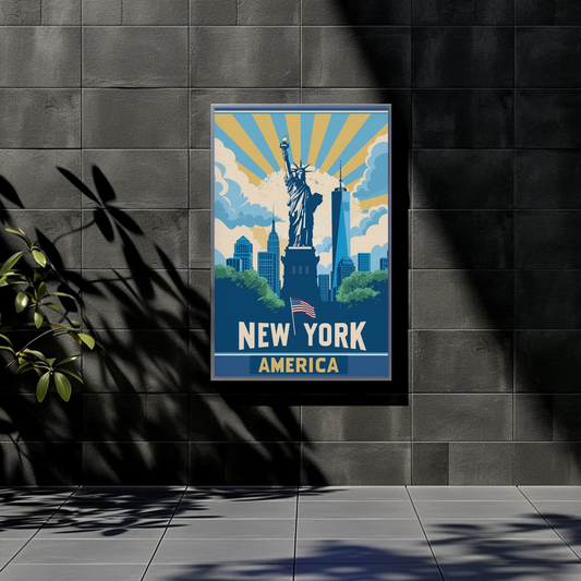 New York America Skyline Liberty Sunrise Vintage Travel Poster