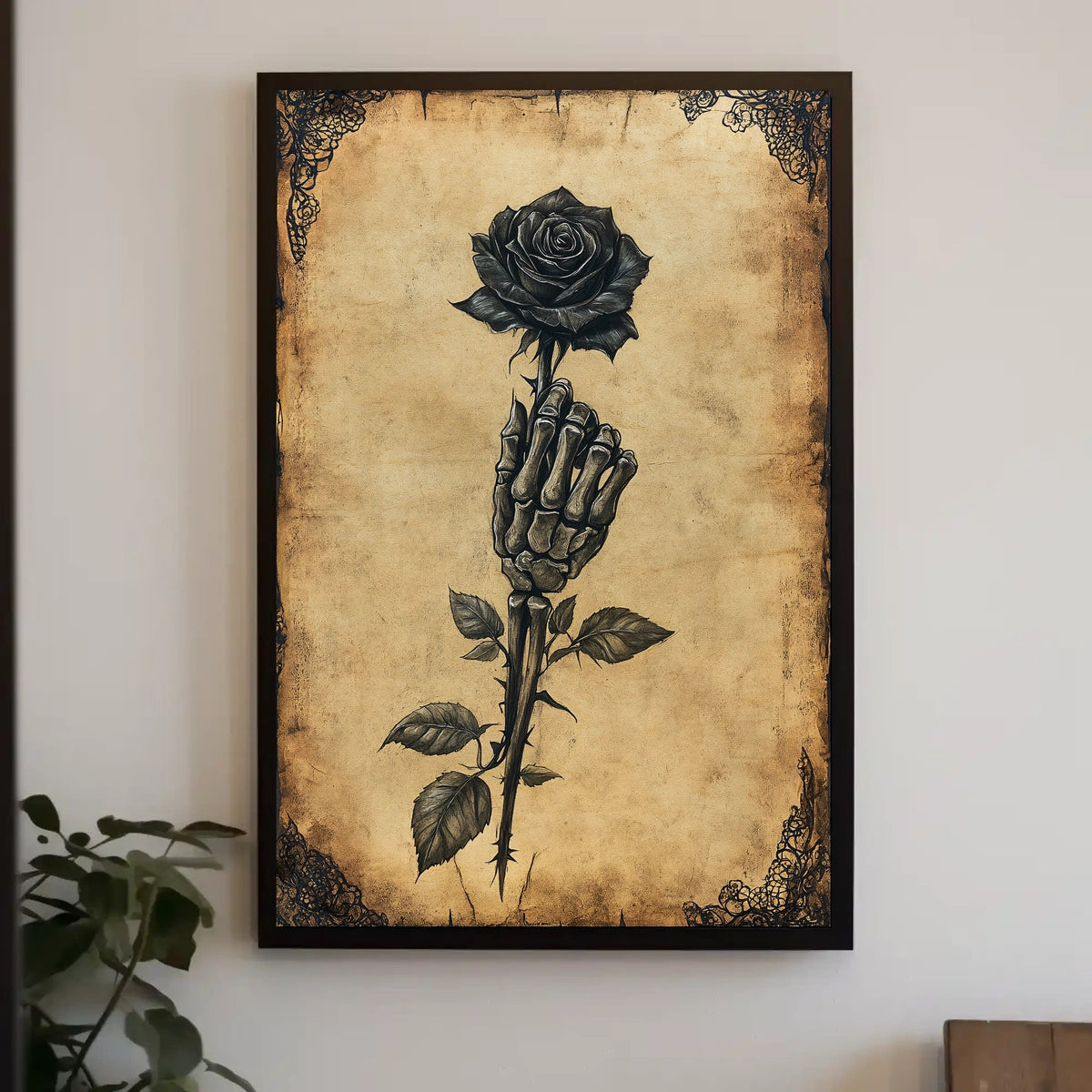 Gothic Skeletal Hand and Black Rose Artistic Poster