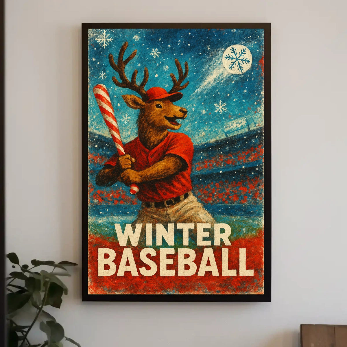 Winter Baseball Deer Poster: Festive Sports Art