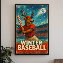 Winter Baseball Deer Poster: Festive Sports Art