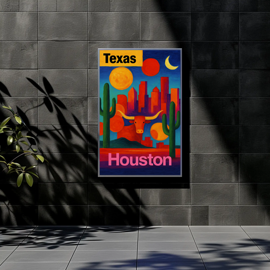 Texas Houston Longhorn Cactus Sunset Cityscape Vintage Travel Poster