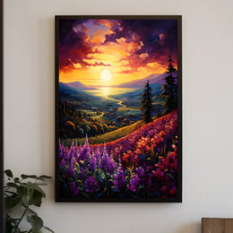 Vibrant Sunset Over Idyllic Countryside Landscape - Artistic Poster