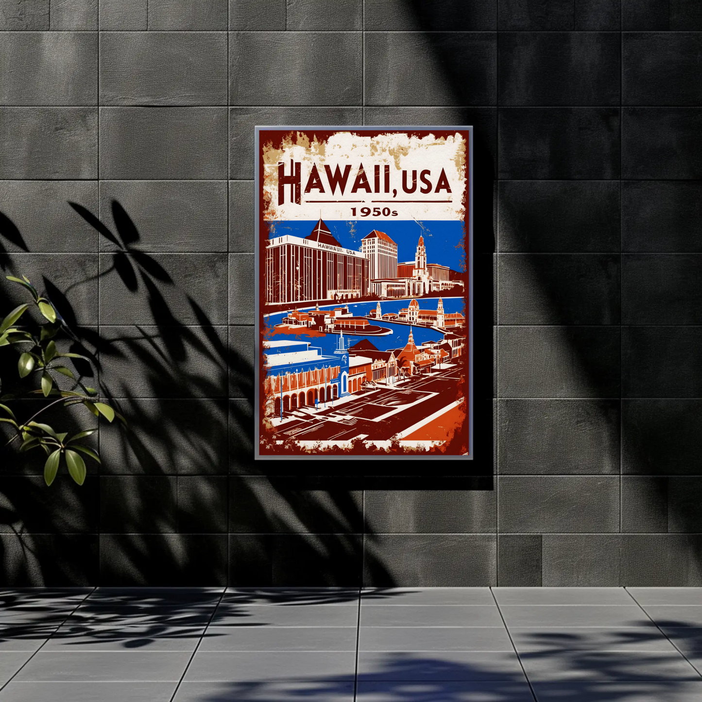 Hawaii USA 1950s Island Life Vintage Maroon Travel Poster