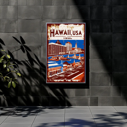 Hawaii USA 1950s Island Life Vintage Maroon Travel Poster