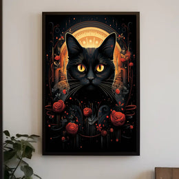 Stylized Black Cat in Ornate Mystical Animal Poster