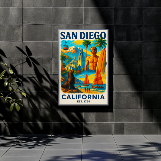 San Diego California Surfing Culture Poster Vintage Travel Poster