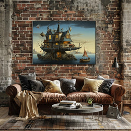 Whimsical Houseboat at Dusk in Fantasy Poster