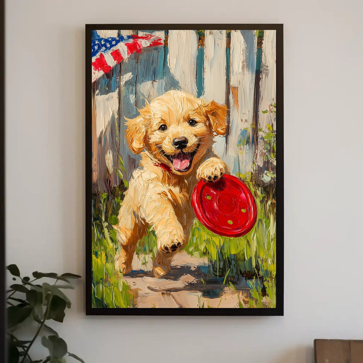 Golden Retriever Puppy Running With Red Frisbee Poster