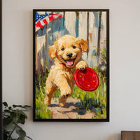 Golden Retriever Puppy Running With Red Frisbee Poster