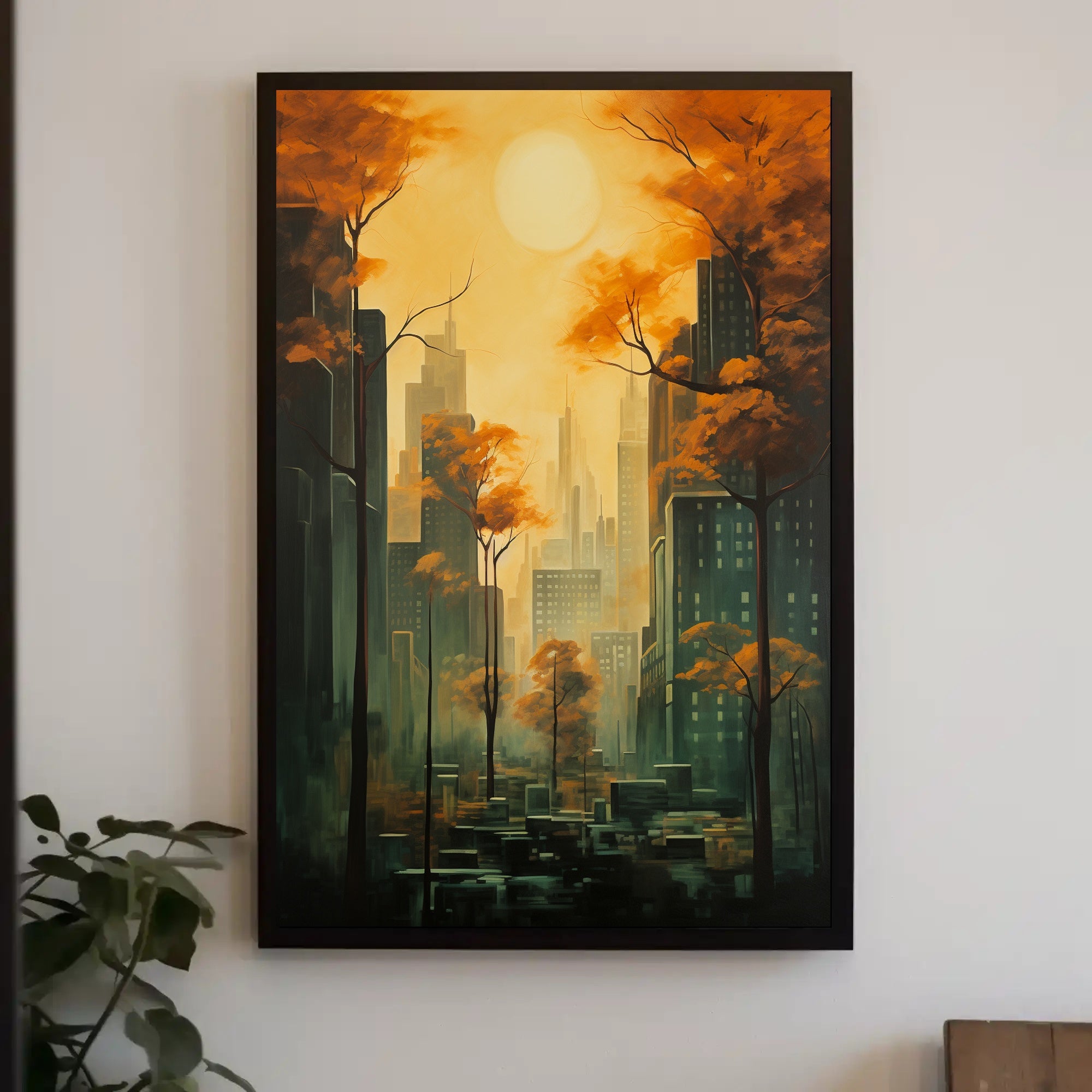 Urban Autumn Cityscape with Skyscrapers and Nature Poster