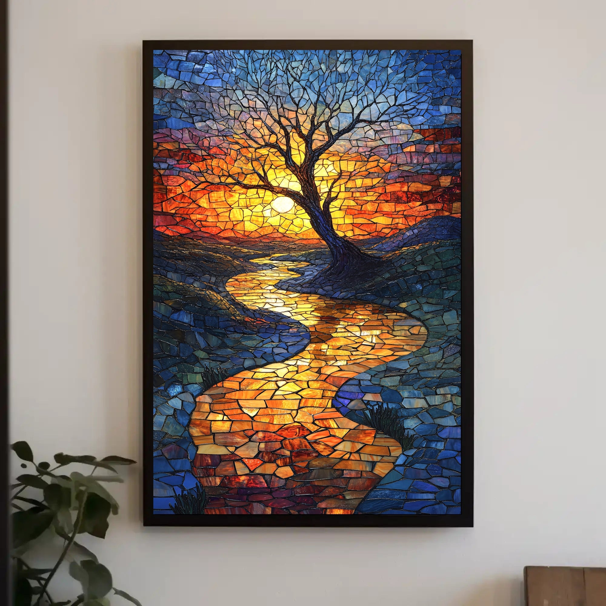 Vibrant Mosaic Sunset Landscape Artistic Poster